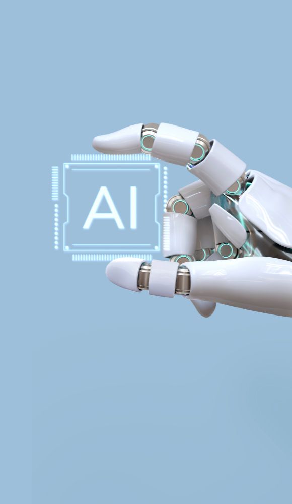 Robot Hand Holding Digital AI Chip Indicating the synergy of AI and Public Health